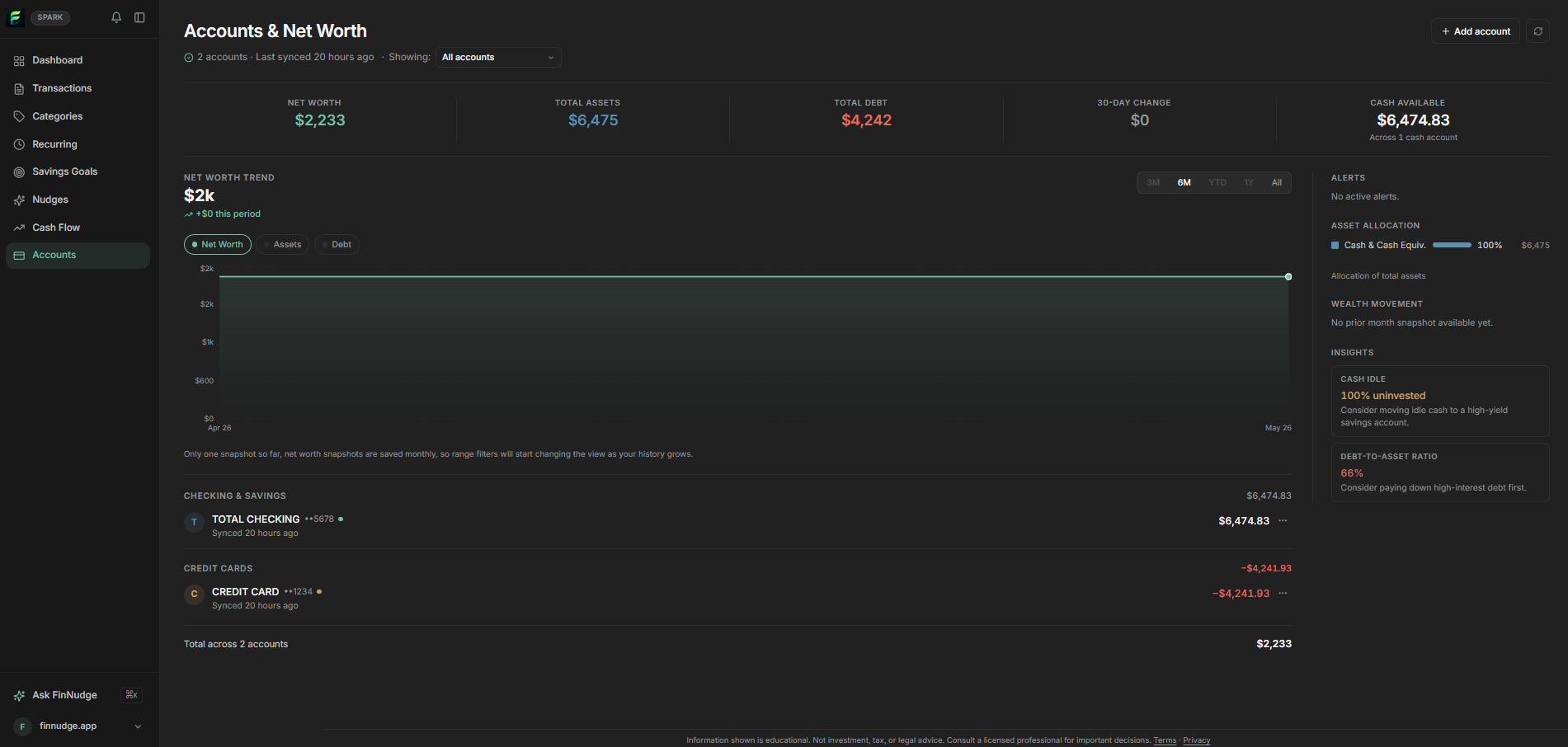 FinNudge Accounts and net worth screenshot