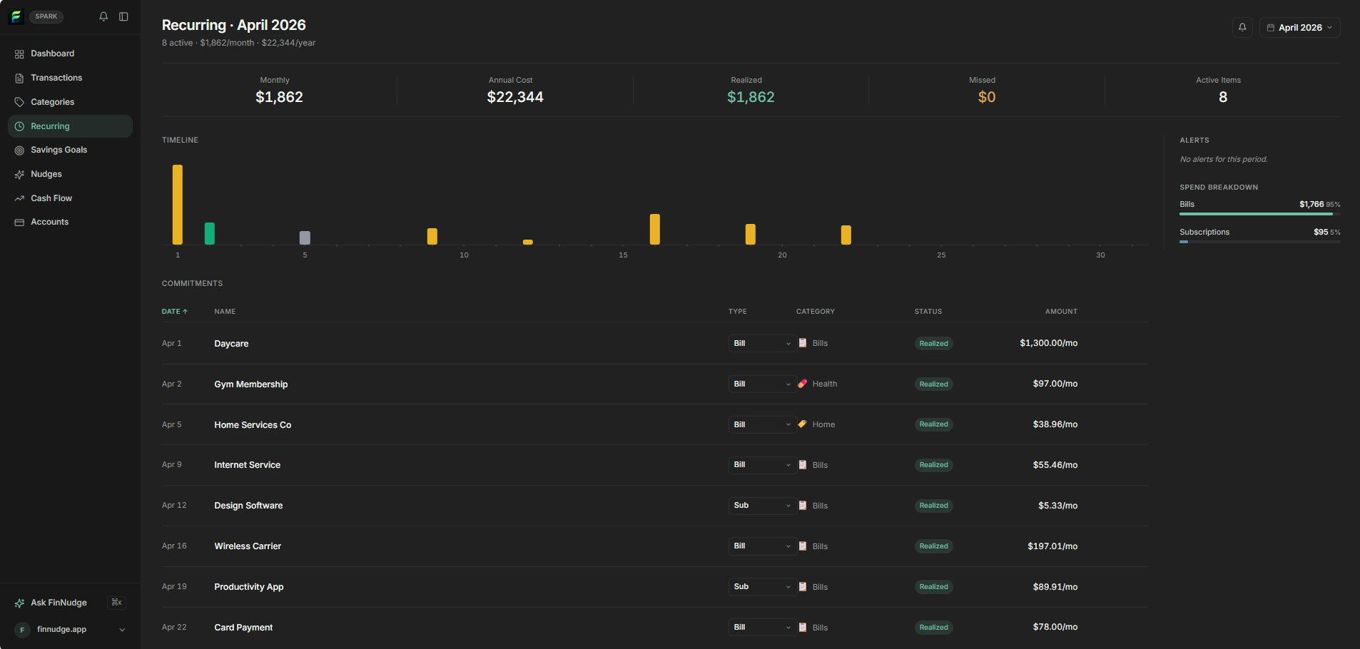 FinNudge Recurring and bills screenshot
